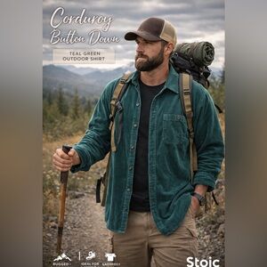 Stoic Corduroy Shirt Jacket Green Teal Button Down Hiking Outdoor Size Large